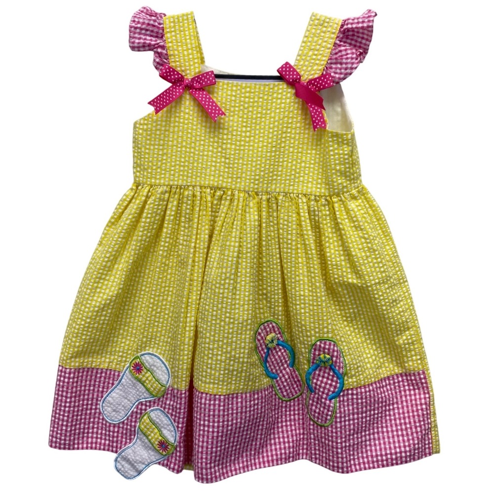 Rare Editions Girls Yellow Gingham Seersucker Dress Flip Flop Applique Size 4T